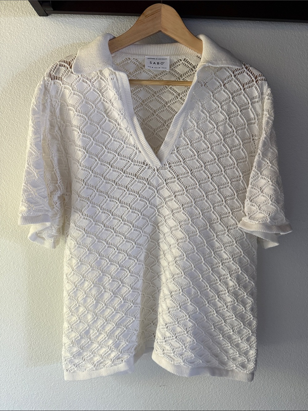 Sabo Diamond Pointelle Open Weave Crochet Knit Polo Top, White